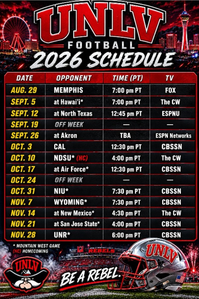 ESPNLasVegas's tweet photo. Rebel football schedule release!

Four of the six #UNLVFB home games are Saturday night starts! https://t.co/UKGV1MtpWA
