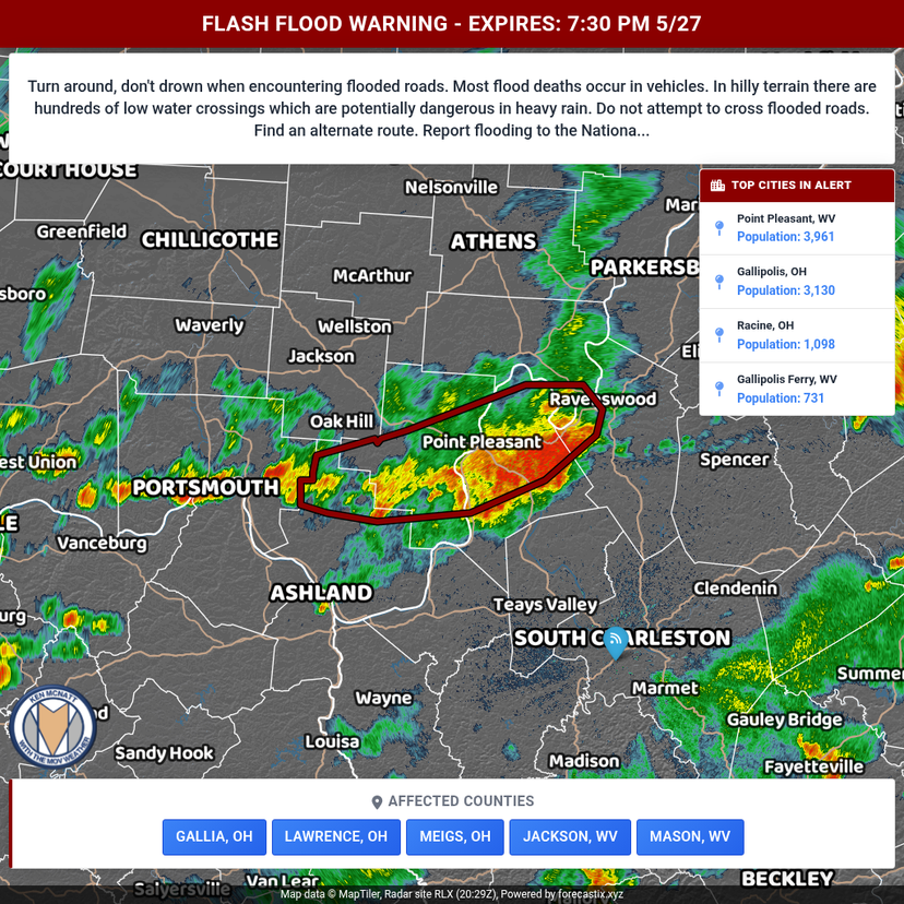 MOVWeatherTweet's tweet photo. A Flash Flood Warning has been issued for Gallia, OH, Lawrence, OH, Meigs, OH, Jackson, WV, Mason, WV counties. Expires at 7:30 PM 5/27. https://t.co/k8qChaxMc1