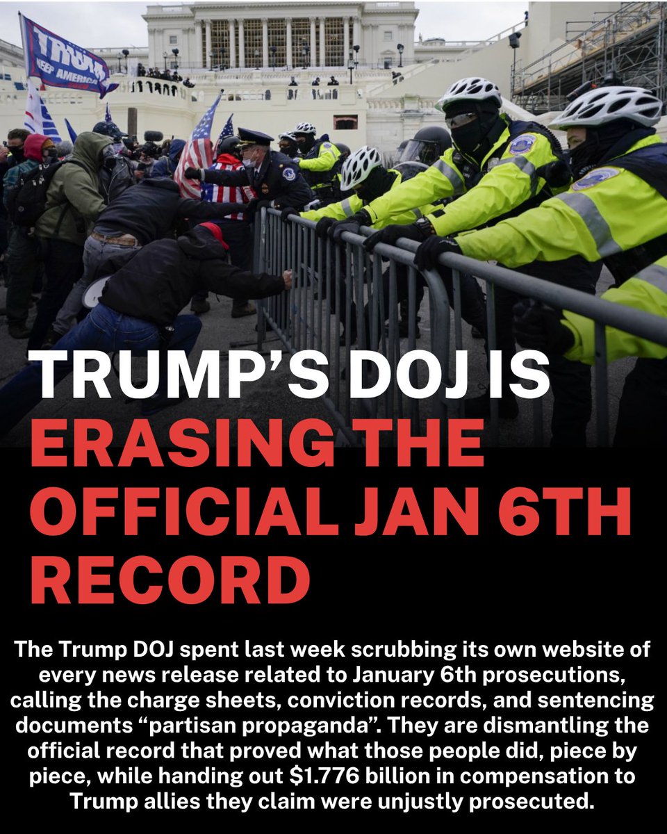 j6tracker's tweet photo. The Trump DOJ spent last week scrubbing its own website of every news release related to January 6th prosecutions, calling the charge sheets, conviction records, and sentencing documents “partisan propaganda”. https://t.co/SyLDwcrQik