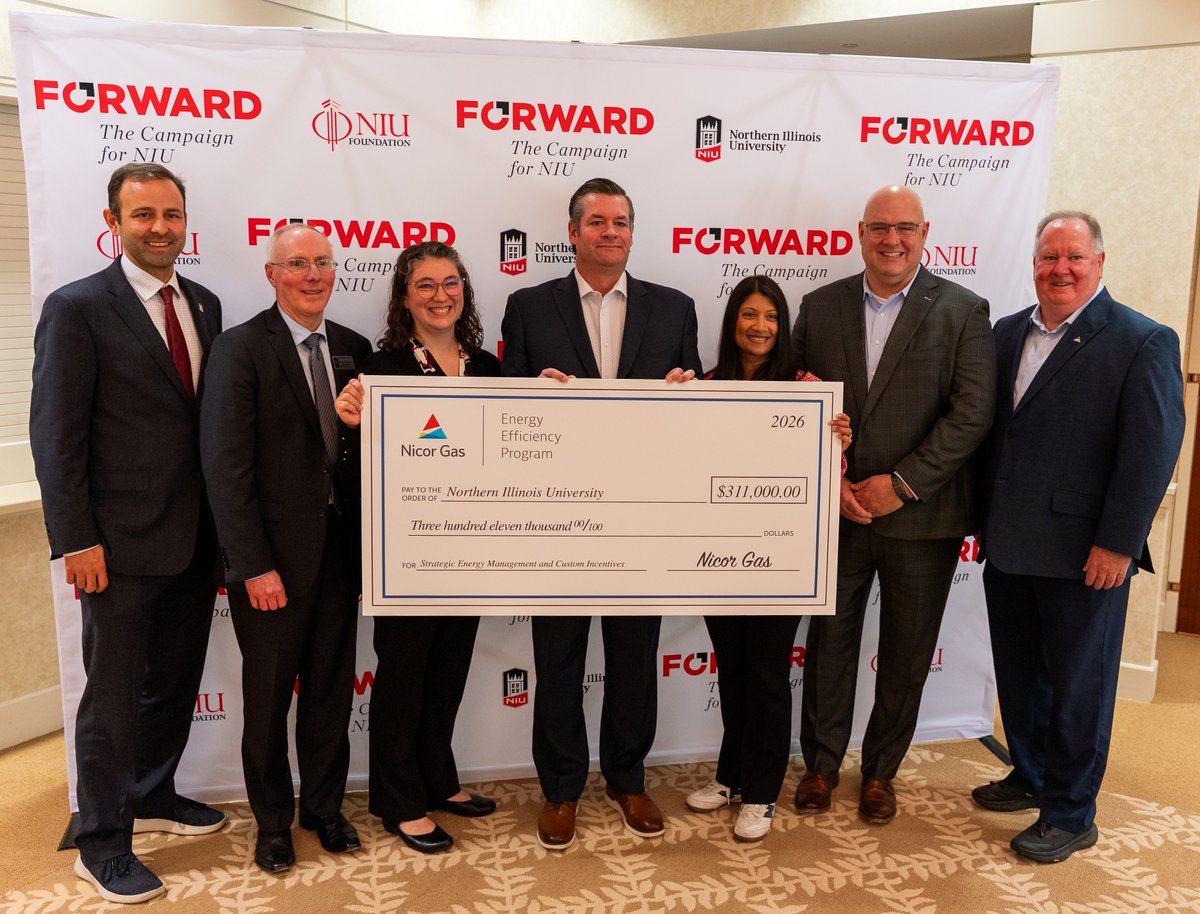 NIUlive's tweet photo. NIU’s push toward a more sustainable future reached a visible milestone this month, when Nicor Gas presented a $311K rebate &amp; incentives check to the university in recognition of measurable energy savings. Visit https://t.co/htNGHlOeEU to learn more about the energy partnership. https://t.co/JDZIWfWHJ5