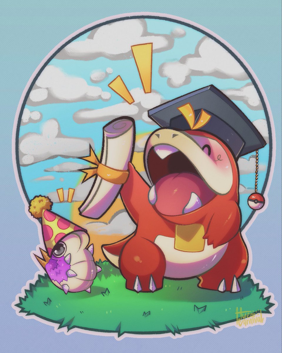 huecarnival's tweet photo. Pokemon commission for a friend who wanted a graduation gift for another friend! Congratz on graduating Anthony! 

#pokemon #pokemonart #fuecoco #wurmple #pokemonchampions https://t.co/r8YmNYR3Fq