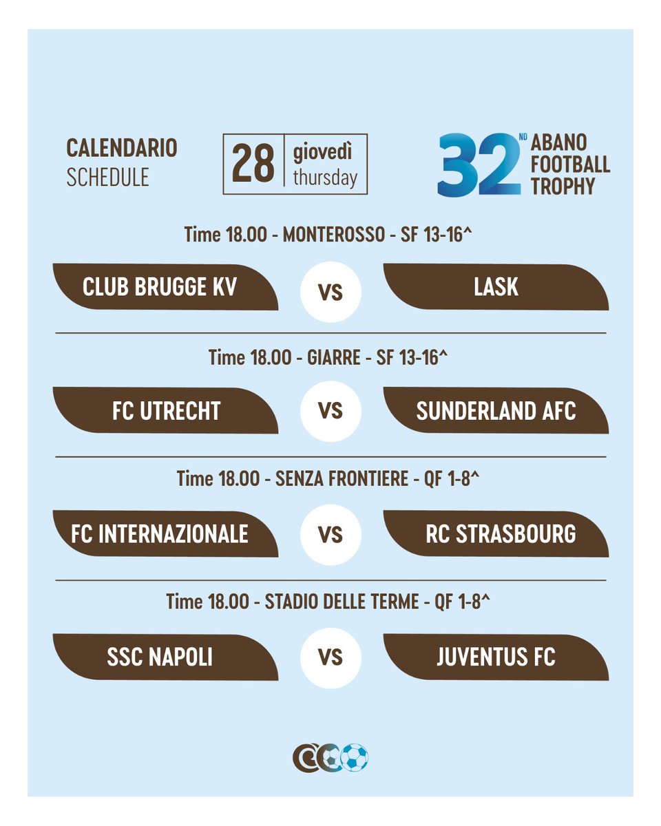 AbanoTrophy's tweet photo. 🇮🇹 Il calendario di domani è ufficiale! ⚽🏆

🇬🇧 Tomorrow’s match schedule is official! ⚽🏆

#TorneodiAbano2026 #AbanoFootballTrophy #AbanoTerme #U14 https://t.co/mLIMlnNKm7