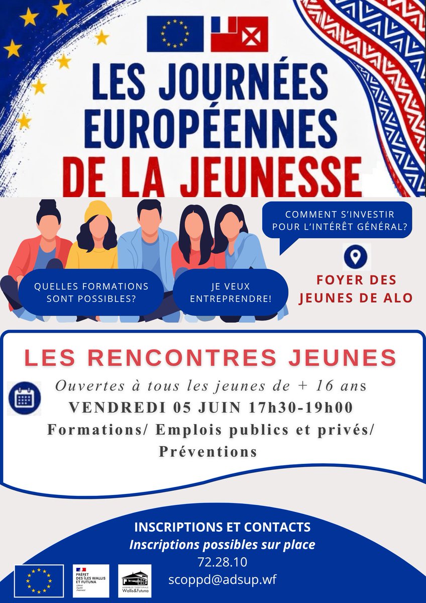 Prefet986's tweet photo. 🇪🇺Les journées Européennes de la Jeunesse #WallisetFutuna🇼🇫
Du 1erau8/06,venez participer aux temps dédiés à la jeunesse organisés dans le cadre des #Journéeseuropéennesdelajeunesse
Ces rencontres sont ouvertes à ts les jeunes de +de 16ans
Venez nombreux!
https://t.co/VdldfvmA1W https://t.co/x7QmGeJUfQ