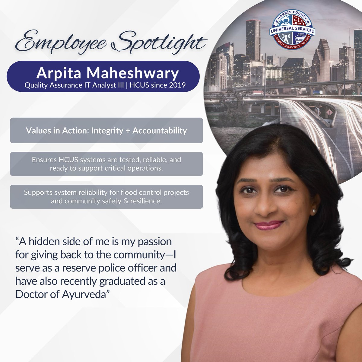 HCUS_TX's tweet photo. We’re proud to recognize the people who support county departments, essential public services, and Harris County residents every day.
This spotlight features Arpita, whose quality assurance efforts help support reliable systems, critical operations, and community resilience. https://t.co/kjkJ9vUGqS