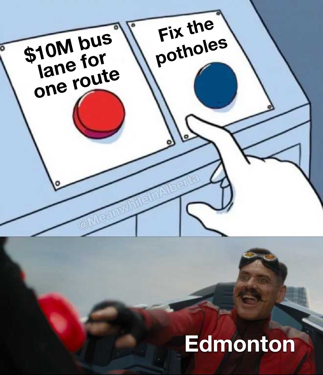 MeanwhileinAB's tweet photo. One bus route. Weekday peak hours only. Meanwhile the road you drive on every day looks like the moon.

#abroads #yeg https://t.co/h9CZuhVDAc