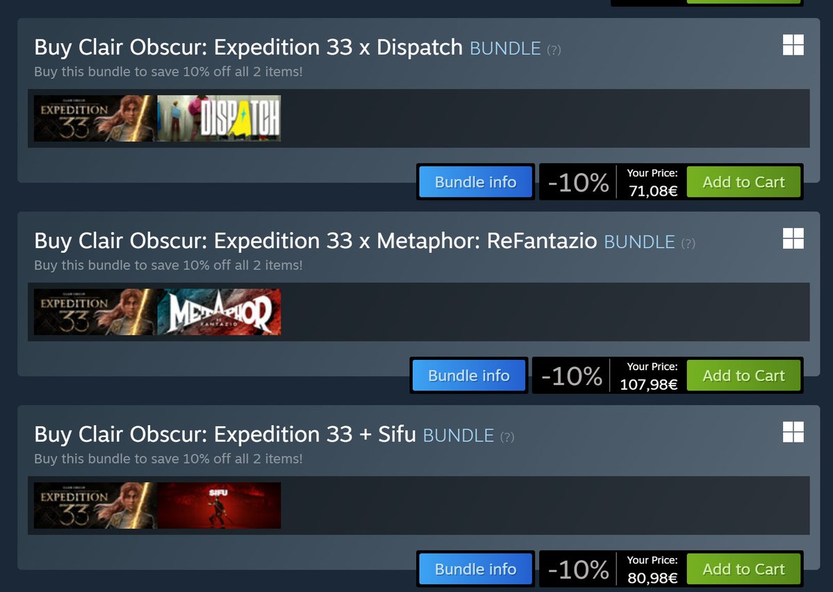 Repse27's tweet photo. Bro, who the fuck is managing the Expedition 33 bundles 😭 What are these random ass bundles https://t.co/u8Ghtpnt6O