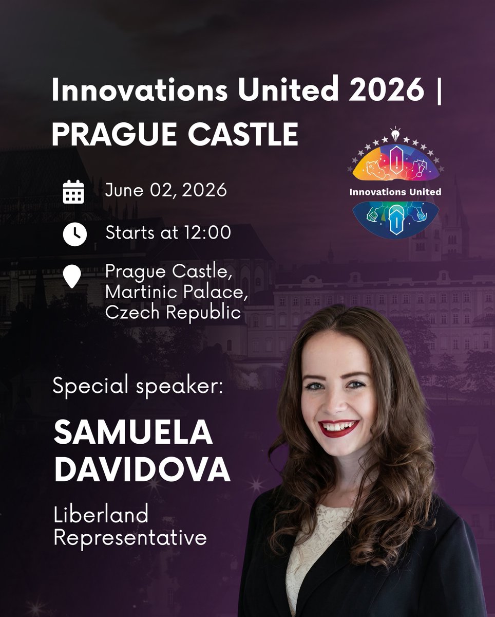 Liberland_org's tweet photo. President @JedlickaVit  and Liberland Representative @DavidovaSamuela are heading to Prague Castle on June 2 for Innovations United 2026! 🏰🤝

Join them at one of Prague's most iconic venues to connect with startup founders, investors, and tech leaders to discuss the future of AI and innovation.
