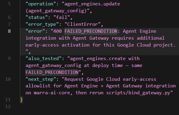 Marra4AI's tweet photo. You haven't truly lived the AI development life until you have spent a solid 12-hour shift refactoring your entire multi-agent codebase... only to be stopped by a 400 FAILED_PRECONDITION early-access padlock on the absolute final API call. 😅

Since the error response doesn't say HOW to request early access for Agent Engine + Agent Gateway integration, I’m throwing a flare up here.
@googlecloud @GoogleWorkspace @demishassabis