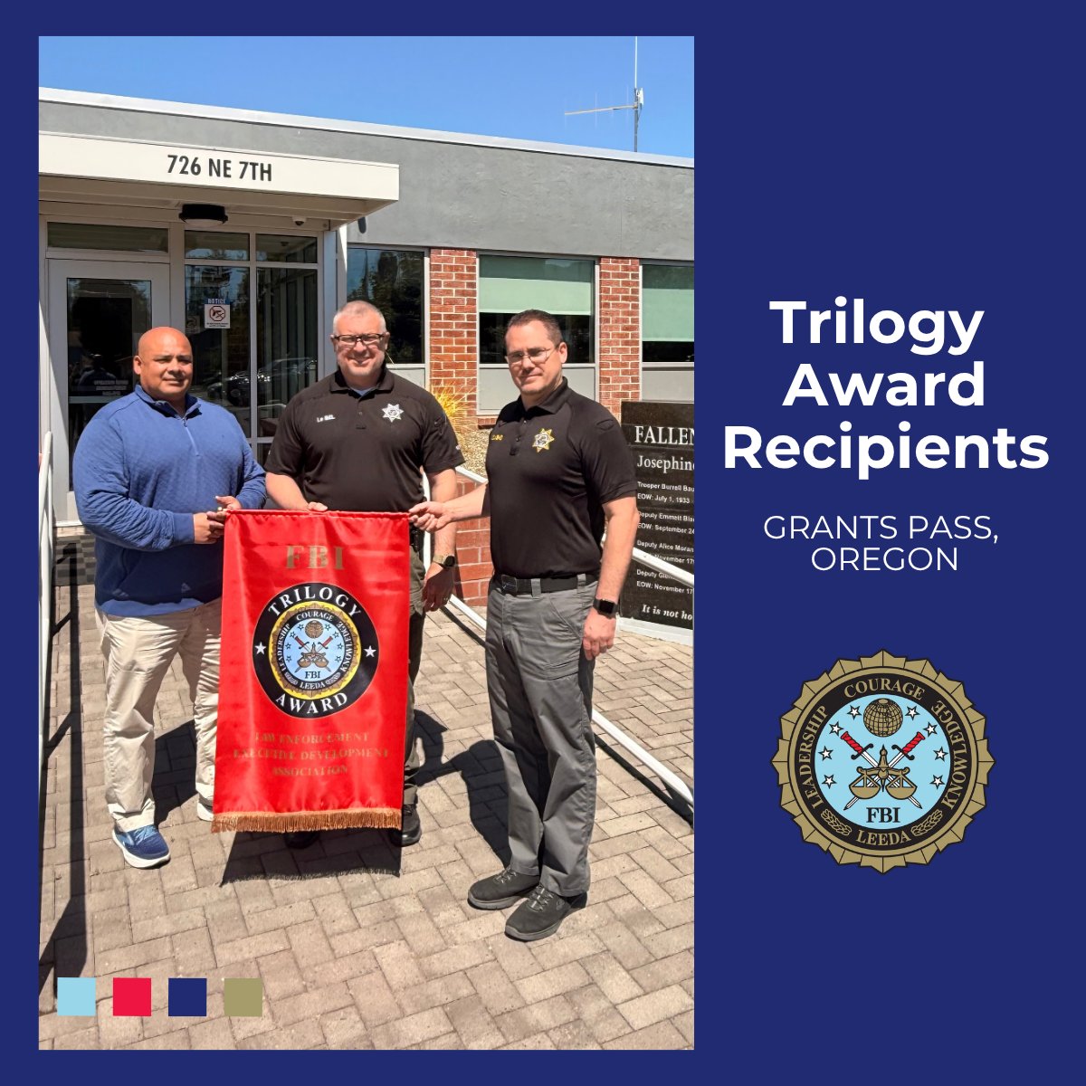 FBILEEDA's tweet photo. Congratulations to the SLI graduates — including 3 Trilogy Award recipients — in Grants Pass, Oregon, representing OR, MO, and NV. Thank you to instructor Dan Rincon, and to Chief Warren Hensman, Lt. Doni Hamilton, and the Grants Pass PD for hosting! https://t.co/470bqkiaKx