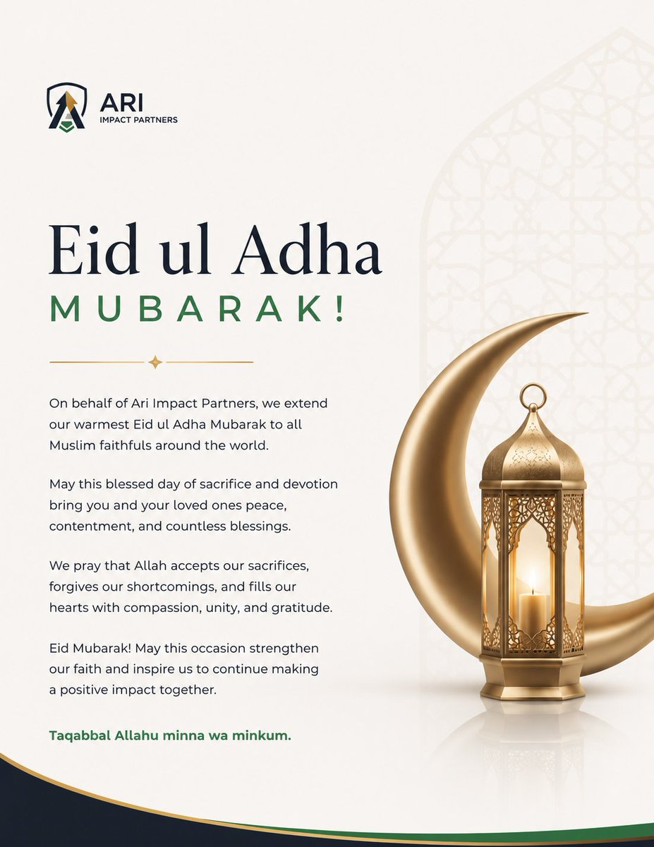 pauldavidari1's tweet photo. As we celebrate Eid ul Adha, all of us at Ari Impact Partners extend our warmest wishes to Muslim faithfuls across Nigeria and around the world. At Ari Impact Partners, we remain committed to creating meaningful impact, fostering growth, and advancing positive change. https://t.co/SqLe9v0uW2