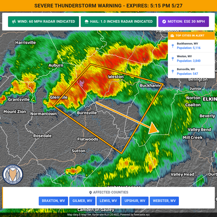 MOVWeatherTweet's tweet photo. A Severe Thunderstorm Warning has been issued for Braxton, WV, Gilmer, WV, Lewis, WV, Upshur, WV, Webster, WV. | Max Hail: 1.0 inches, Wind: 60 MPH | Expires at 5:15 PM 5/27. https://t.co/dwi5AbTJY2