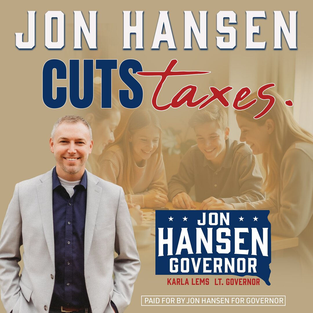 PatriotRipple's tweet photo. reposting this great ad i was sent:

FACT CHECK: Jon Hansen, candidate for Governor, has a proven record of fighting for LOWER TAXES for South Dakota families.

The negative and false attacks in your mailboxes and on TV have reached new lows. Jon Hansen's opponents are in a desperate fight for their political futures.

They know Jon Hansen is the biggest threat to the political insiders, their special deals, and big money lobbyists—and that's why they spend so much money attacking him with misleading claims.

So here are the facts - Jon has fought for and delivered LOWER TAXES more than any other candidate in the race:

✅ Jon Hansen voted to CUT the sales tax rate from 4.5% to 4.2%, saving South Dakotans $110 million per year.

✅ Jon Hansen led the charge for the LARGEST property tax relief bill in South Dakota history—returning millions of tax dollars back to families who will see their property taxes go down 15-22%.

✅ Jon Hansen is the ONLY candidate for Governor that supports a South Dakota gas tax holiday to give immediate relief from high gas prices at the pump.

✅ Jon Hansen's first priority as Governor is to create South Dakota DOGE, CUT wasteful spending, and give the money back to the people for even MORE TAX RELIEF.

The choice for Governor is simple: reject the lies and the nasty smear campaigns, and vote for the candidate who has a proven record of fighting for you. Vote Jon Hansen for Governor on June 2nd!