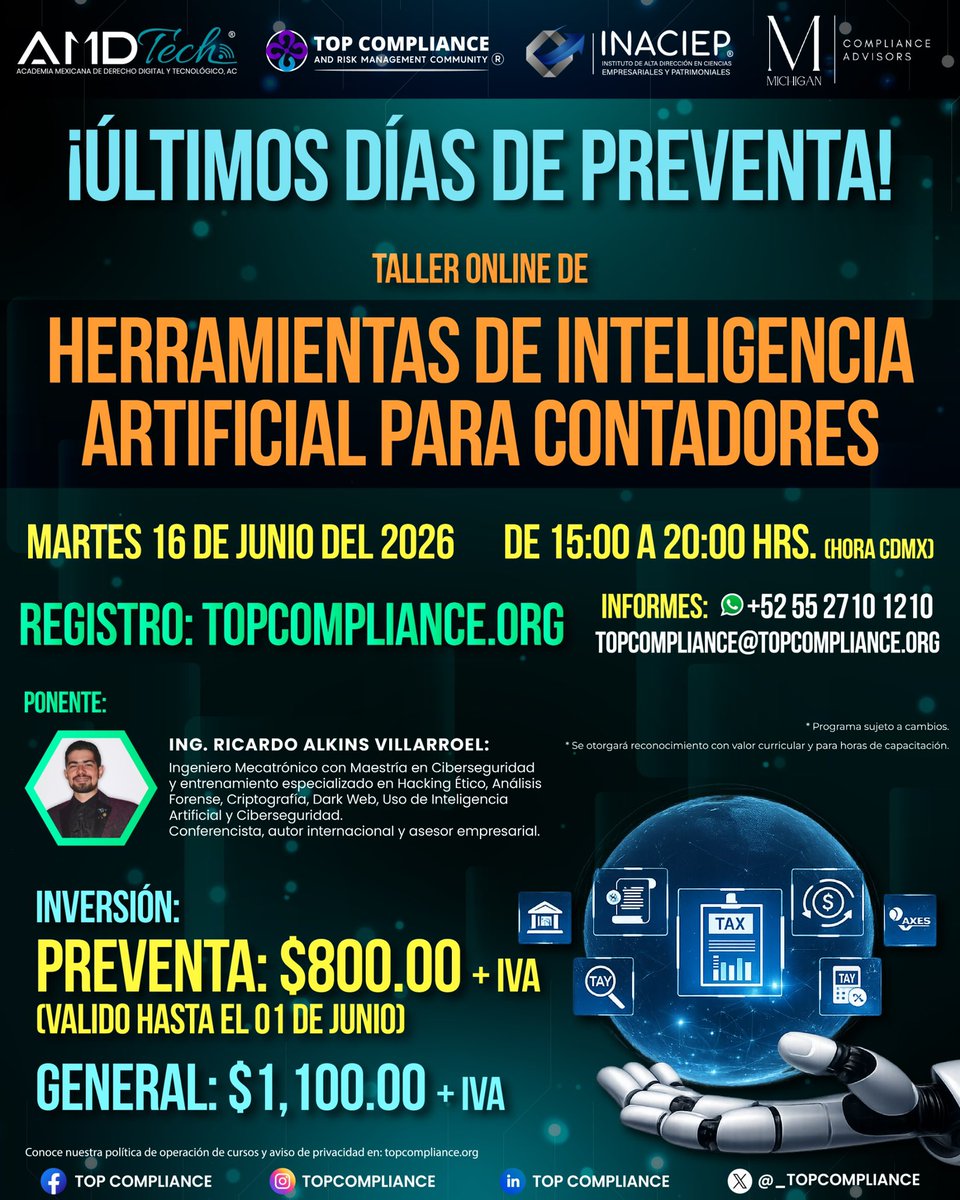 InaciepMX's tweet photo. 🚨¡ÚLTIMOS DÍAS DE PREVENTA!🚨
Inscríbete a nuestro 𝐓𝐚𝐥𝐥𝐞𝐫 𝐎𝐧𝐥𝐢𝐧𝐞 𝐝𝐞 𝐇𝐞𝐫𝐫𝐚𝐦𝐢𝐞𝐧𝐭𝐚𝐬 𝐝𝐞 𝐈𝐧𝐭𝐞𝐥𝐢𝐠𝐞𝐧𝐜𝐢𝐚 𝐀𝐫𝐭𝐢𝐟𝐢𝐜𝐢𝐚𝐥 𝐩𝐚𝐫𝐚 𝐂𝐨𝐧𝐭𝐚𝐝𝐨𝐫𝐞𝐬.

🎟️ Preventa: $800.00 (Hasta el 01 de junio)

🔗 Inscríbete aquí: https://t.co/Rf5rbsO1OM https://t.co/hVJlZIBWN1