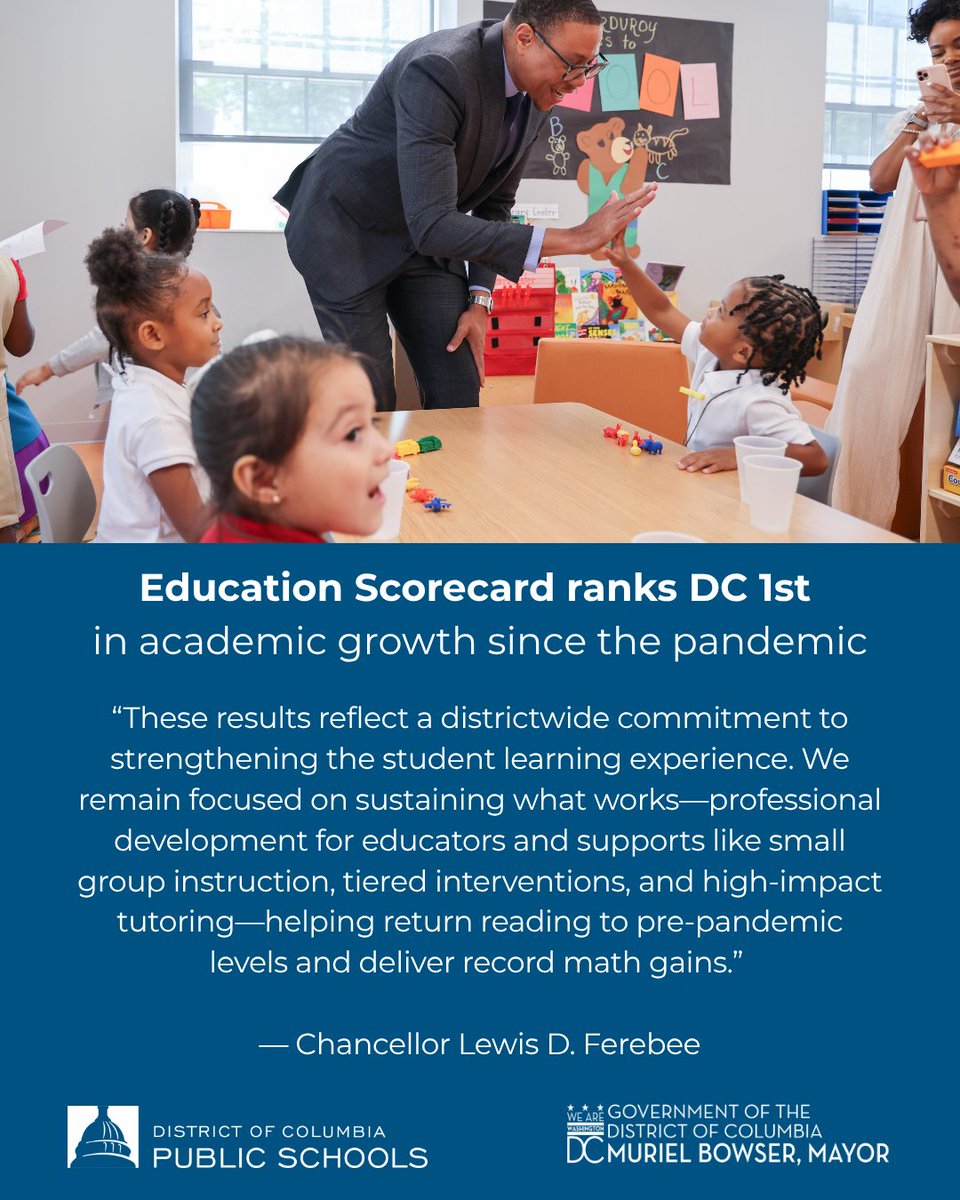 DCPSChancellor's tweet photo. When @dcpublicschools launched its strategic plan, we made succeeding academically a key priority 🔑

Our Education Scorecard success shows how we delivered—through professional development, High-Impact Tutoring, &amp; more! https://t.co/81JWOvCgsr