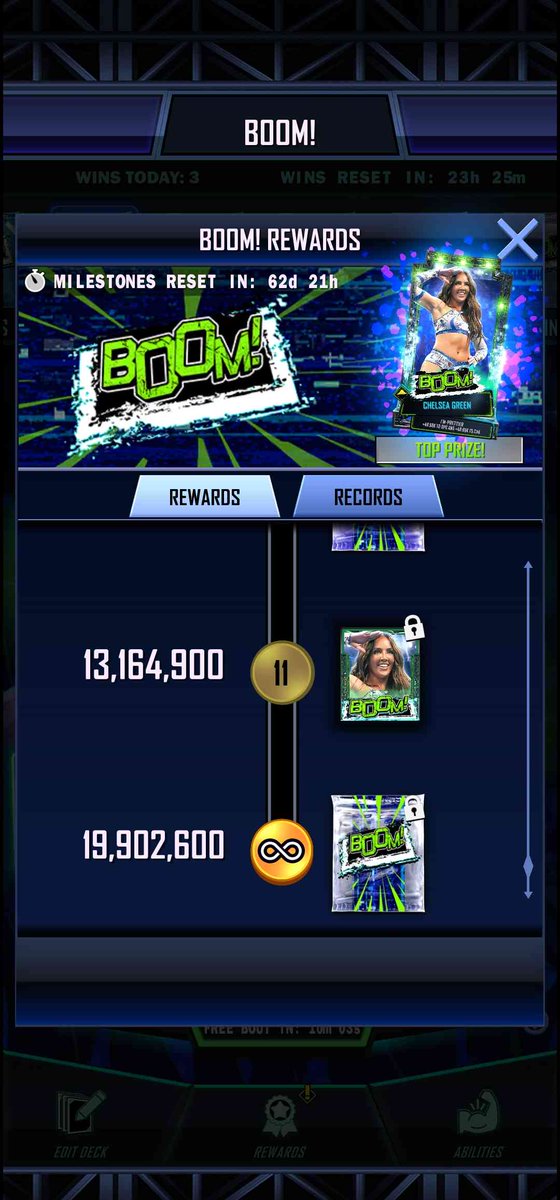 Retro_Edge's tweet photo. #WWESuperCard So after the all the critique about the butchered BOOM infinity milestone reward, they not only still didn't change it back, but they actually made it even WORSE now with a GIGANTIC gap between the  Milestones? You'll problably get the WM42 card in 90% of all times. https://t.co/e5DcwFuj7C
