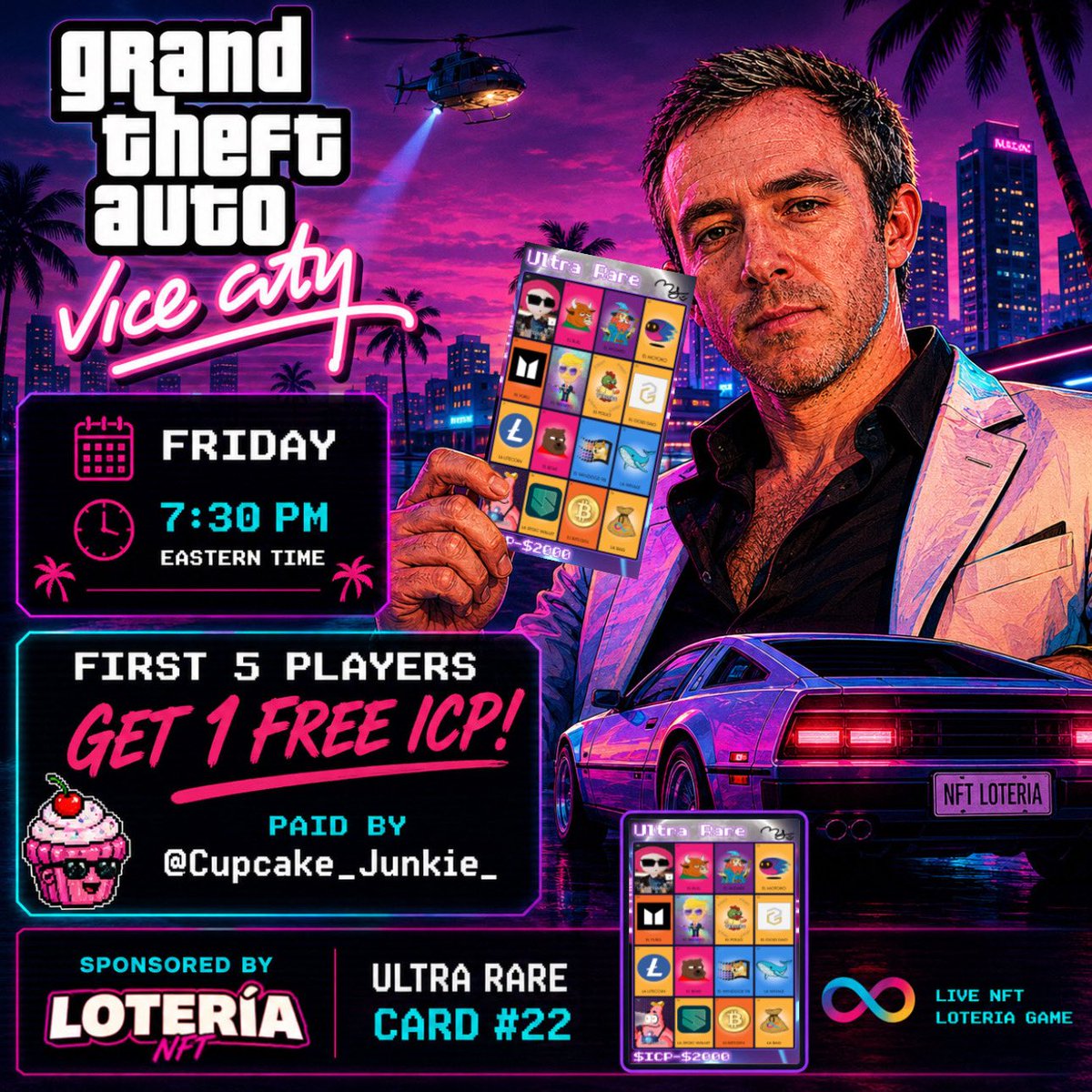 NFTLoteria_'s tweet photo. Ultra Rare Card #22 is sponsoring Friday’s NFT Lotería game.

Want to play with Ultra Rare #22? 👀

Join us Friday • 7 PM Eastern 💰

First 5 players get 1 ICP back.

Follow @Cupcake_Junkie_ for game updates. https://t.co/uL8ijRlpAy