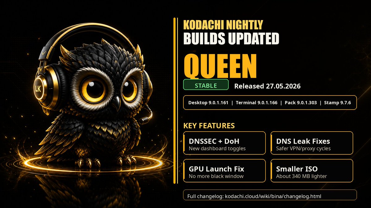 warith2020's tweet photo. Kodachi nightly builds updated.

Queen is stable: smaller ISO, fresh wallpapers, new DNSSEC/DoH toggles, stronger VPN/proxy DNS handling, updated Xray/V2Ray, and polish fixes from 9.7.4 feedback.

https://t.co/cAHymC4Tx4

#Kodachi #Linux #Privacy #CyberSecurity #Security https://t.co/KutJA5c00A