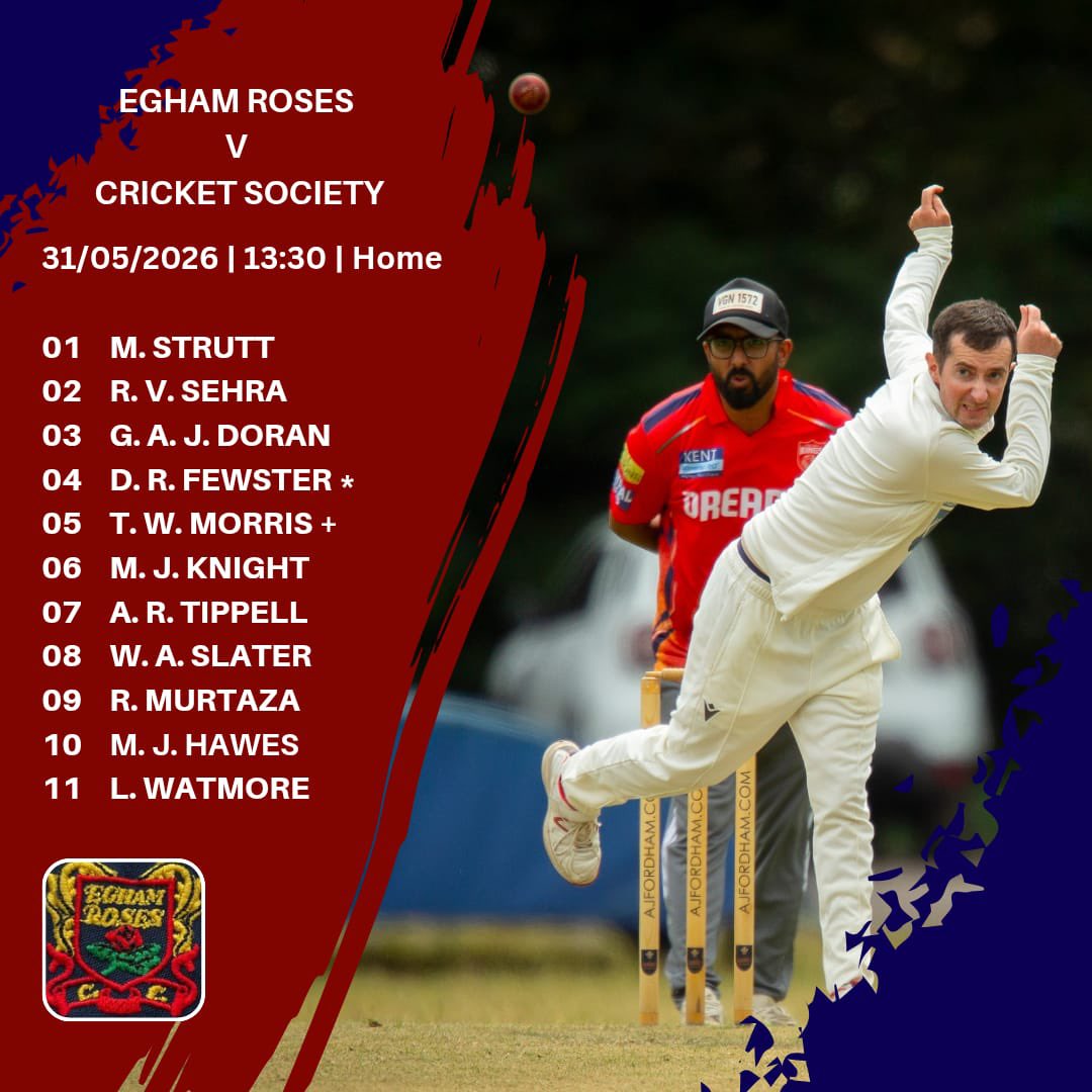 EghamRoses's tweet photo. An early announcement of Roses’ XI for this Sunday’s visit of first-time opponents @cricketsocxi. Nice to see a few Roses making their first appearances of the season, plus a couple of debutants. 

Go well, Roses. https://t.co/6t0bEZpkXL