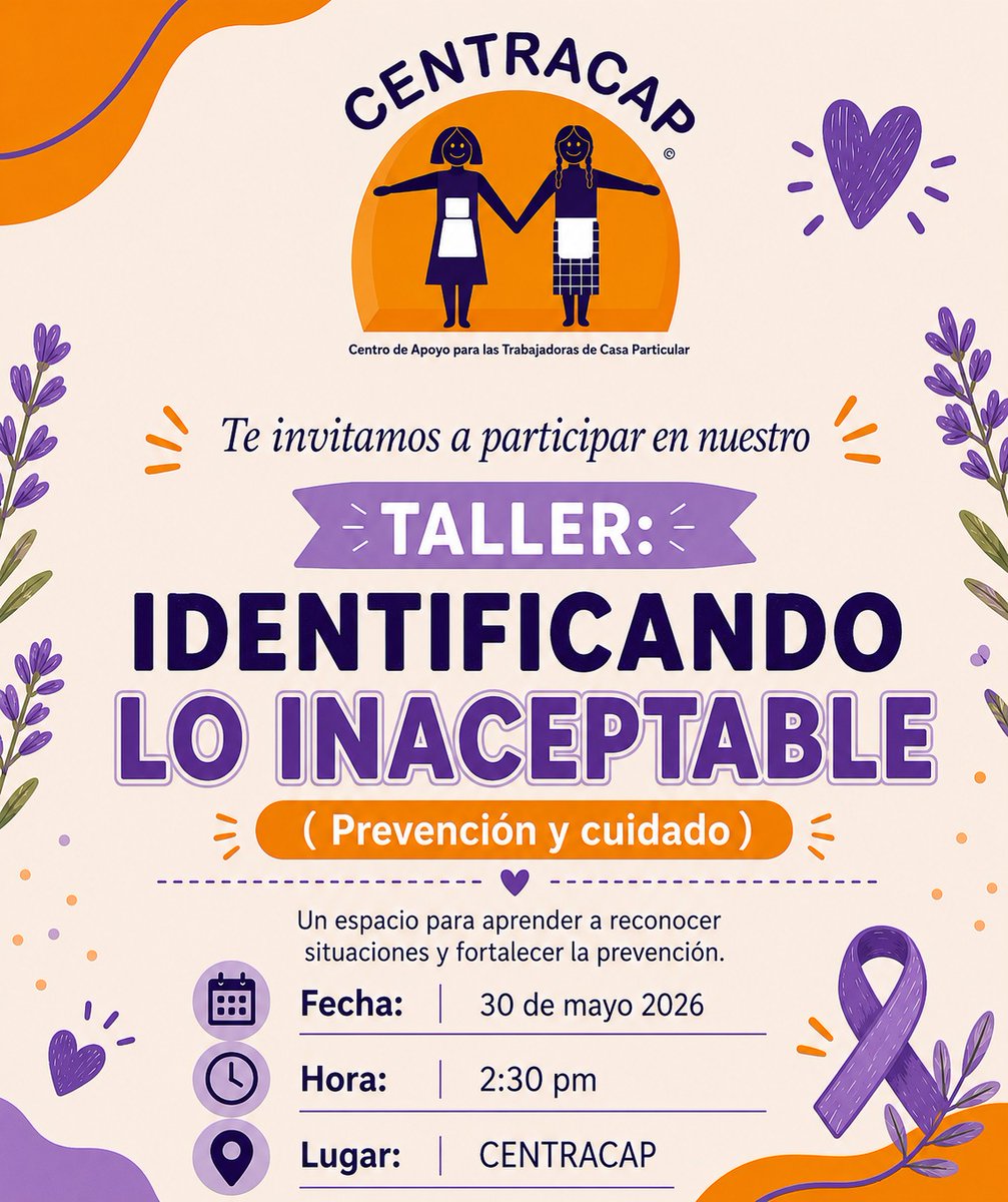 CENTRACAP's tweet photo. El #ComitéDeAutocuidado invita a #TrabajadorasdeCasaParticular y familias al taller "Identificando lo inaceptable". El sábado 30 de mayo, a las 14:30 en la sede de CENTRACAP. 

#MeCuidoParaCuidar #UnidasPorUnTratoDigno https://t.co/ywTyg4On4s