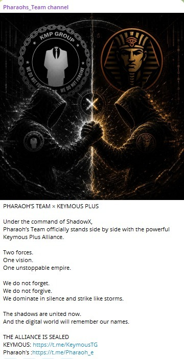 FalconFeedsio's tweet photo. 🚨Alert: New Hacktivist Alliance🚨

PHARAOH’S TEAM and Keymous Plus have officially announced a new alliance. https://t.co/kSfM7gutuT