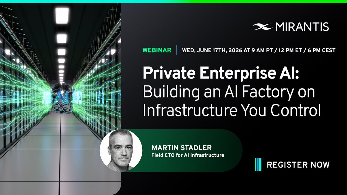 MirantisIT's tweet photo. Your AI infrastructure is probably growing faster than your operational model. As enterprise AI moves into production, many teams are dealing with fragmented GPU environments, disconnected tooling, and growing platform complexity.

Join Martin Stadler, Field CTO for AI Infrastructure at Mirantis, to learn how enterprises are building Private Enterprise AI factories on infrastructure they already own and control.

We’ll cover how to:
• Reduce AI infrastructure complexity
• Avoid proprietary AI stack lock-in
• Standardize VM, container, and GPU operations
• Build composable, production-ready AI platforms

Register now: https://t.co/kPaw44CU1N