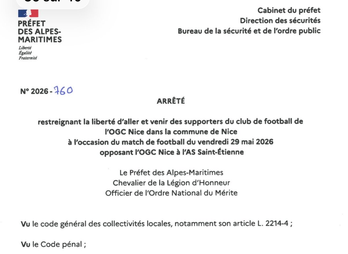 npelletier18's tweet photo. 🫠 Rarement (ou jamais) vu ça…

La Préfecture des Alpes-Maritimes diffuse un arrêté « restreignant la liberté d'aller et venir des supporters du club de football de l'OGC Nice dans la commune de Nice »

@RMCsport https://t.co/G3FXIlCJSV