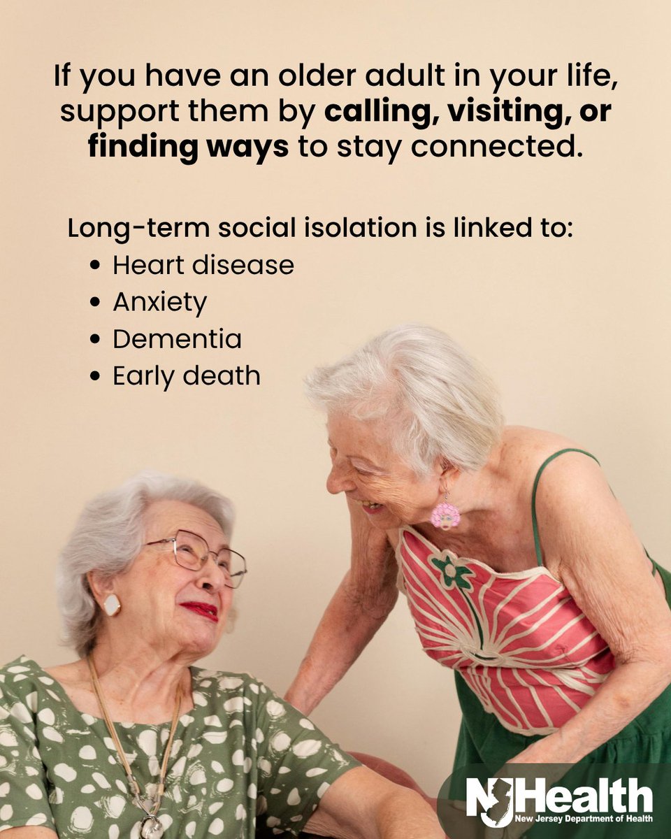 NJDeptofHealth's tweet photo. Older adults in New Jersey face significant social isolation. If you have an older adult in your life, support them by calling, visiting, or staying connected. Learn more: https://t.co/XCjAD20VXe #HealthierNJ #AgingWell https://t.co/hqsUVLrVPK