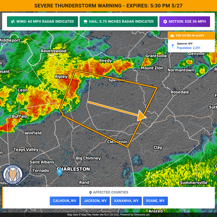 MOVWeatherTweet's tweet photo. A Severe Thunderstorm Warning has been issued for Calhoun, WV, Jackson, WV, Kanawha, WV, Roane, WV. | Max Hail: 0.75 inches, Wind: 60 MPH | Expires at 5:30 PM 5/27. https://t.co/ZZNr06ZPyx