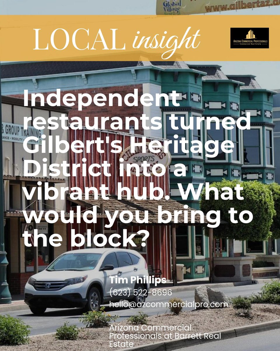 AZ_CRE_PRO's tweet photo. Independent restaurants turned downtown Gilbert’s Heritage District into a true regional destination, boosting street life, nearby shops, and the whole business mix. 

What would you bring to the block? https://t.co/rmCqf191vs