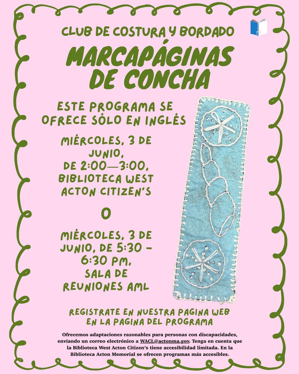 ActonCitLibrary's tweet photo. Sewing and Embroidery Club @ West! Wed, June 3, 2—3PM, West Acton Citizens' Library. This month's craft will be: Seashell Bookmarks. Sign up on the program page on our website here: https://t.co/5m5dJ4wpp2 

See bio for accessibility info. https://t.co/yYH68ltt3O