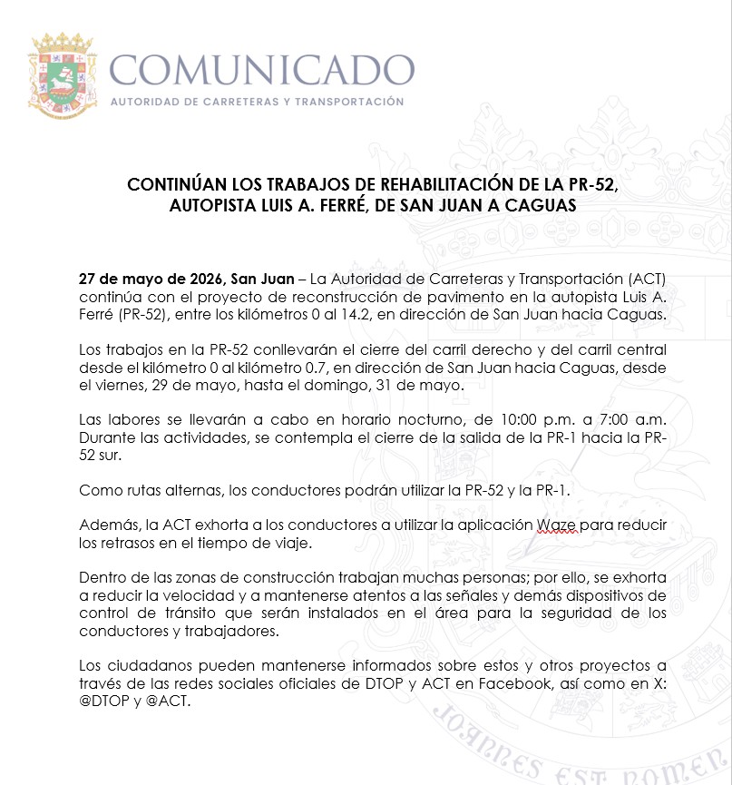 actprgov's tweet photo. La Autoridad de Carreteras y Transportación (ACT) continúa con el proyecto de reconstrucción de pavimento en la autopista Luis A. Ferré (PR-52), entre los kilómetros 0 al 14.2, en dirección de San Juan hacia Caguas.
@gobiernodepr https://t.co/Xcif83pBCB