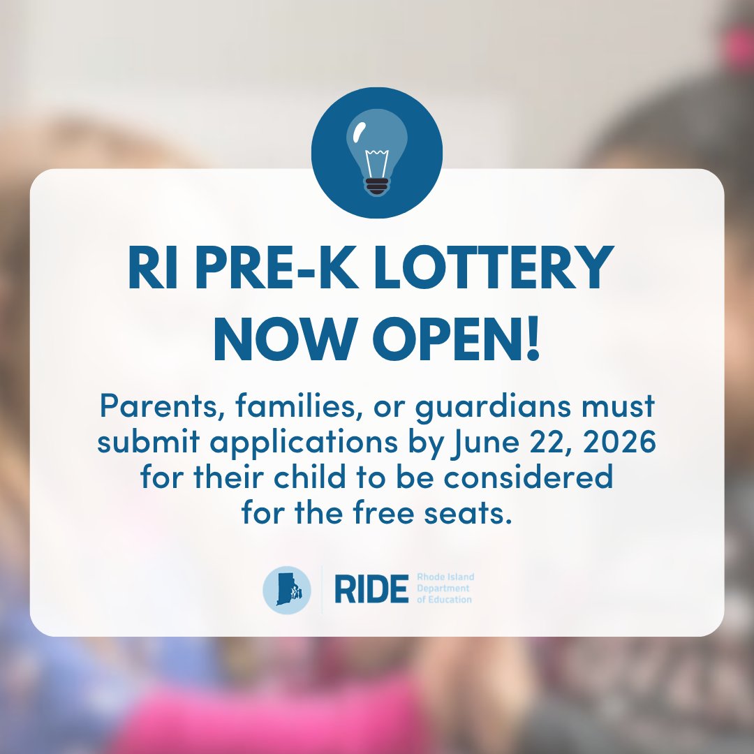 RIDeptEd's tweet photo. 📣 A REMINDER FOR FAMILIES!

The Rhode Island Pre-K lottery is still open! Parents and guardians - you must submit applications by June 22nd for your child to be considered for the free seats.

To apply to the lottery, click here: https://t.co/PAjA03yHMB https://t.co/ZBLNuZi7tK