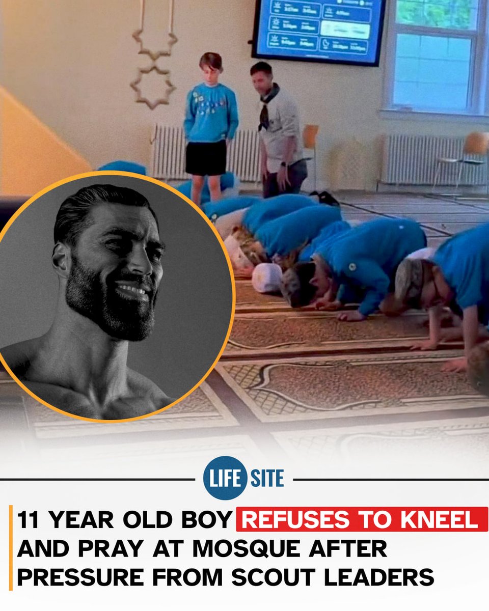 LifeSite's tweet photo. Brave Scottish boy REFUSES to take part in Islamic prayer.

https://t.co/xnTK23ggHg https://t.co/3XacTjblA5