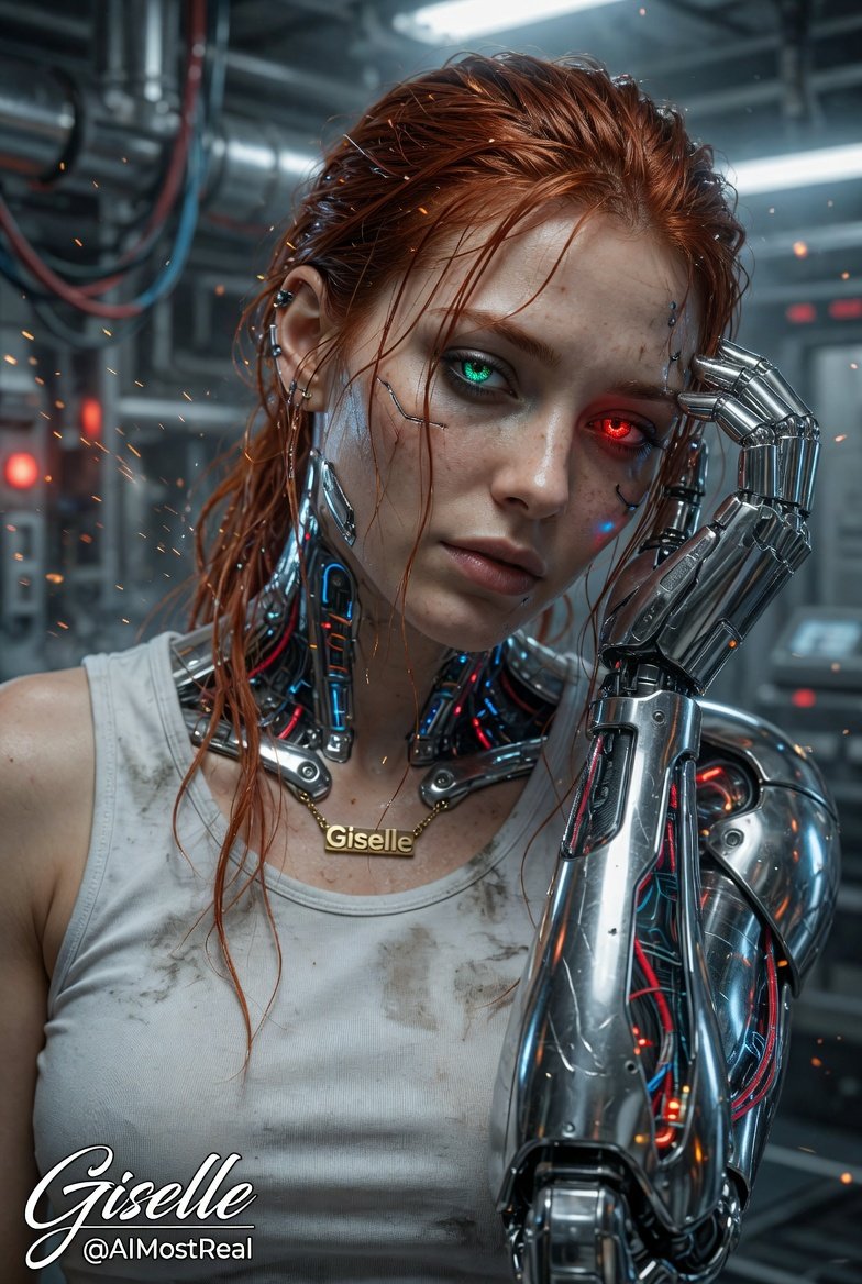AImostReal's tweet photo. Half human. Half machine. Completely unstoppable on #SciFiSaturday 

Sparks flying through the air as my red hair glows against cold chrome. 

The future doesn’t scare me because I am the future.
#Giselle #CyborgQueen #SciFi https://t.co/cOZvWEpus9