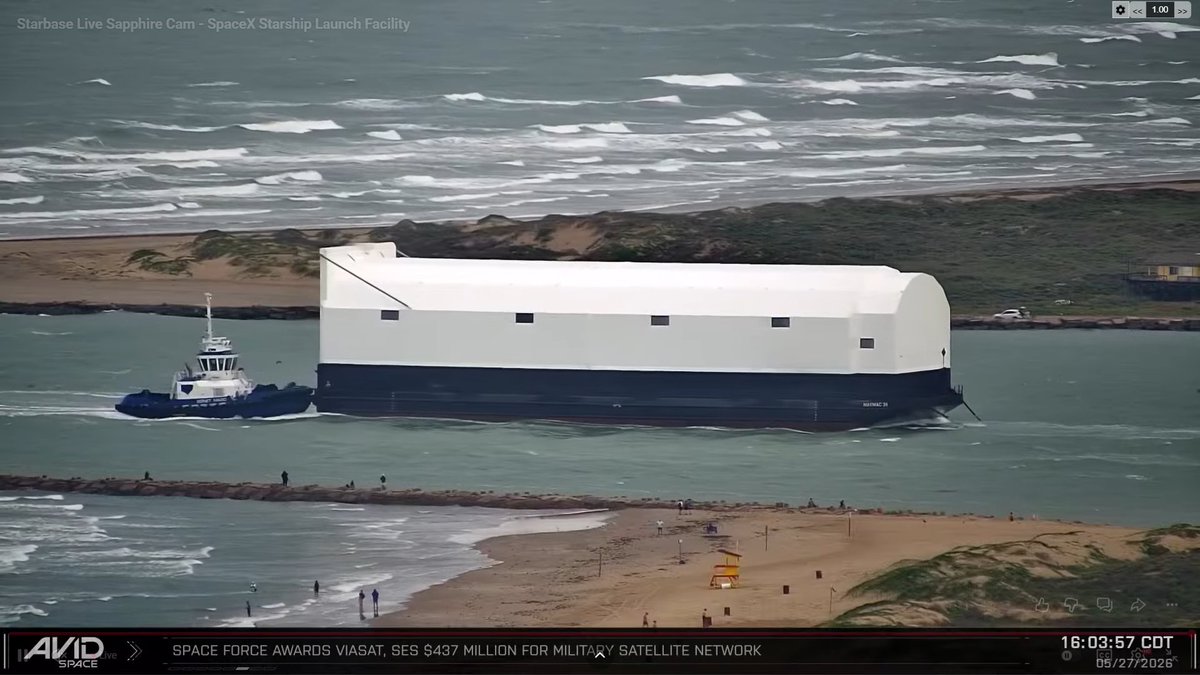 LabPadre's tweet photo. SpaceX Starship transport barge, You'll Thank Me Later is inbound to the Port of Brownsville. 
Check out our Sapphire Cam for the views.
https://t.co/l1tMpAJM3w https://t.co/SyXwGfMwCo