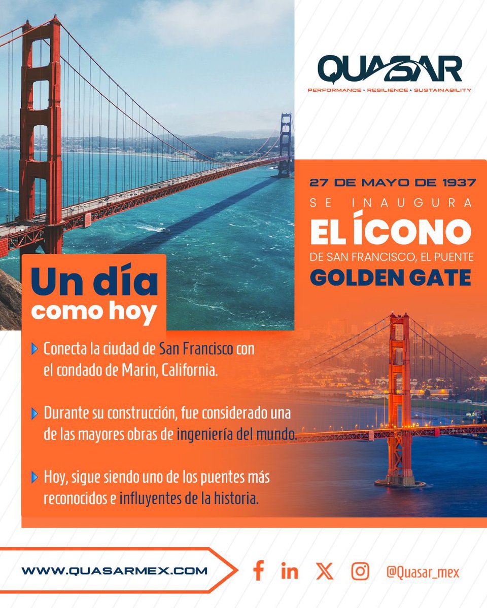 quasar_mex's tweet photo. 🌉 #UnDíaComoHoy se inauguraba el emblemático Golden Gate Bridge 🌁✨

Desde 1937, esta obra maestra de la ingeniería conecta a San Francisco y se ha convertido en un símbolo mundial de innovación, resiliencia y diseño estructural. 🚧⚙️

#SomosQuasar 
#GoldenGateBridge https://t.co/j0P8VQSQu1