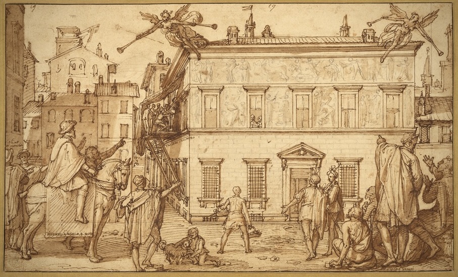 EdoardoFanfani's tweet photo. A drawing by Federico Zuccari depicting his brother Taddeo decorating the façade of the Palazzo Mattei in Rome in 1595. Always loved the madness of Roman Mannerism. https://t.co/2cjtyqnp1v