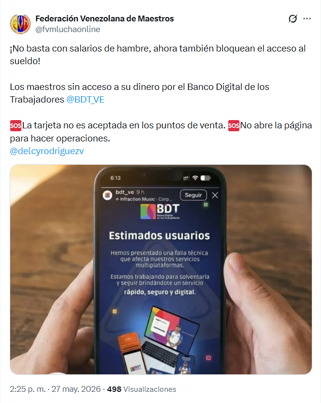 El_Cooperante's tweet photo. 📣 | La Federación Venezolana de Maestros (FVM) aseguró que las tarjetas del Banco Digital de los Trabajadores (BDT) no son “aceptadas” en los puntos de venta ni “abre la página para hacer operaciones”

El gremio explicó que los docentes se encuentran “sin acceso a su dinero” debido a fallas en la institución financiera, por lo que pidió atención a las autoridades

✍️: @fvmluchaonline