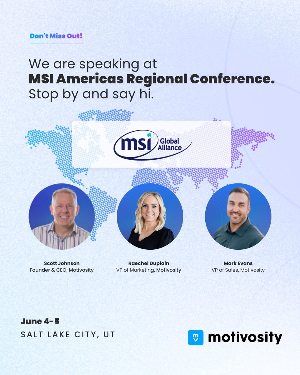 Motivosity's tweet photo. We're thrilled to join MSI this year.
We are excited to share insights with leaders who understand that independent legal and accounting firms face critical issues around their people.

#msi #events #utahevents #utah #accounting #legal #firms #culture #hrsolutions https://t.co/2thsSqRVkR