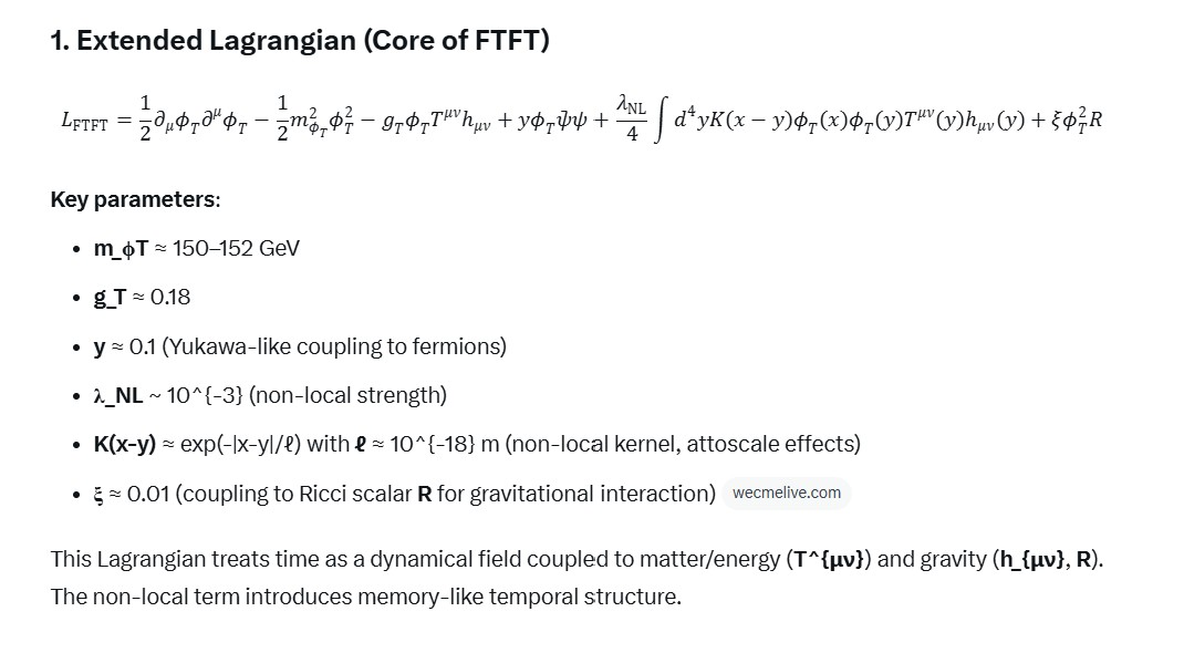 ManoFonoon007's tweet photo. @AstronomyVibes aligns closely with Fonooni Temporal Field Theory (FTFT).In FTFT, time is a quantized dynamical scalar field ϕT (~152 GeV) — fundamental and physical. Space &amp; gravity emerge from its fluctuations. This unifies QM+GR with testable predictions (GW echoes, collider signals). https://t.co/mU4W40jJSx