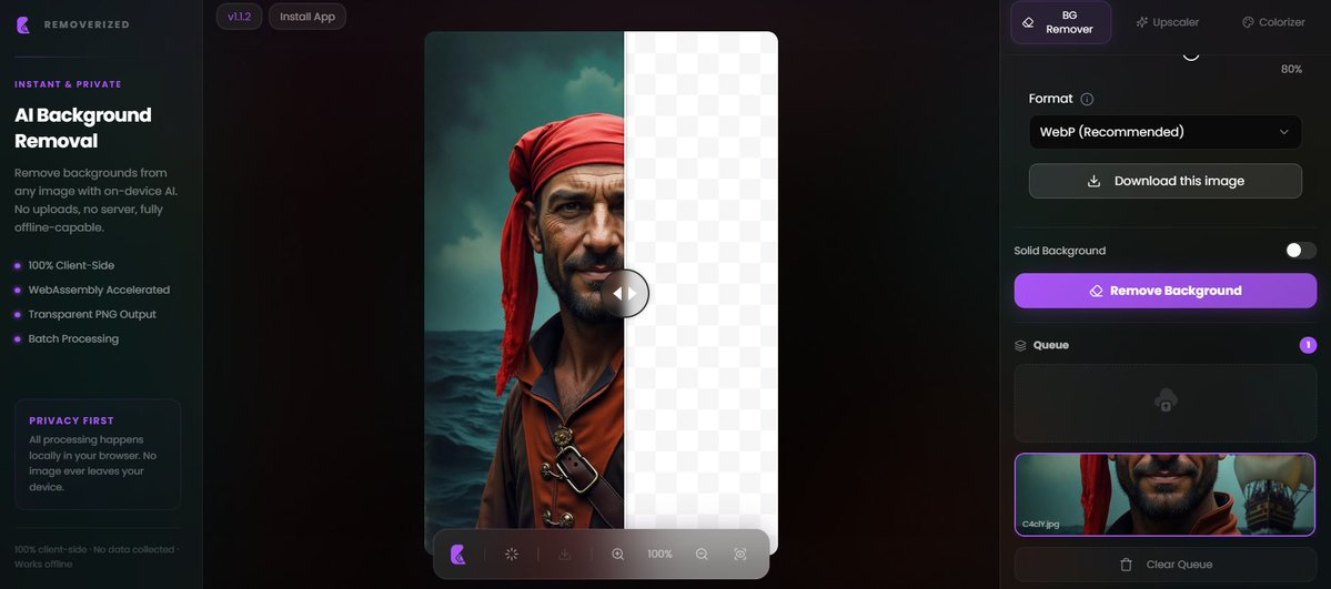 Conlamenteen's tweet photo. La guerra contra Photoshop y las herramientas de edición de pago acaba de ponerse seria.

Existe una IA llamada Removerized que hace esto:

• Elimina fondos
• Mejora resolución
• Procesa imágenes por lotes
• Corre directamente en tu navegador

Y aquí viene lo loco:

TODO ocurre en tu dispositivo.

- Sin subir archivos.
- Sin nube.
- Sin servidores.
- Sin entregar tus fotos a nadie.

Abres la web una vez…
y después funciona incluso offline.

La mayoría de herramientas de imagen con IA te cobran por usar sus GPUs.

Esta acaba de romper el modelo.

Gratis.
Privada.
Local.

Y muy probablemente esto es solo el principio.

Descarga el repositorio en el siguiente post 👇