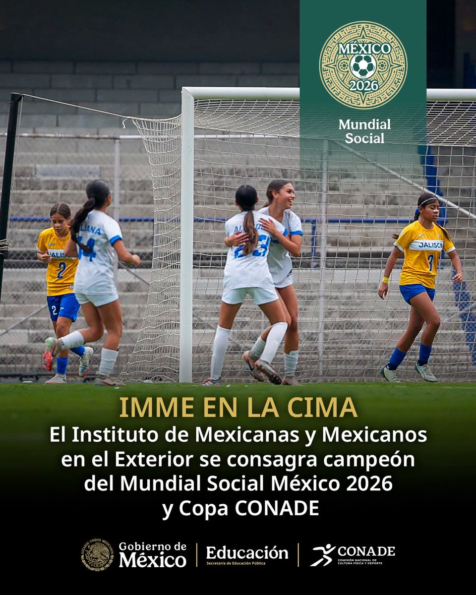 conadeoficial's tweet photo. 🇲🇽⚽️| El Estadio Olímpico Universitario fue testigo de un campeonato: el Instituto de Mexicanas y Mexicanos en el Exterior supera 3–1 a Jalisco para conquistar el título Sub-15 femenil del Mundial Social México 2026, en el marco de la Copa CONADE.

#CopaCONADE #MundialSocial2026 https://t.co/dmvYLuWhxT
