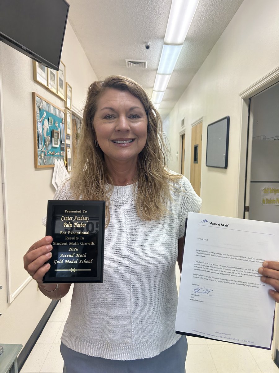 DestKnow's tweet photo. Special delivery!🥇 We loved visiting Center Academy Palm Harbor to drop off their 2026 Ascend Math Gold Medal plaque. So proud of their students for closing skill gaps and making amazing math gains this year! 🌟 https://t.co/JTg3BcRCvw