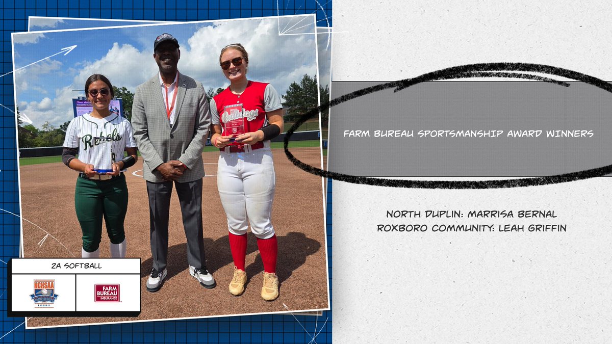 NCHSAA's tweet photo. Congratulations to the 2A Softball @NCFarmBureau Sportsmanship Award Winners!
🏆 Marrisa Bernal, North Duplin HS @NDJSRebels
🏆 Leah Griffin, Roxboro Community @Rox_Community

#NCHSAASB #NCHSAAGameLockedIn @DukeATHLETICS @DurhamNCSports https://t.co/pDdI46pWjt