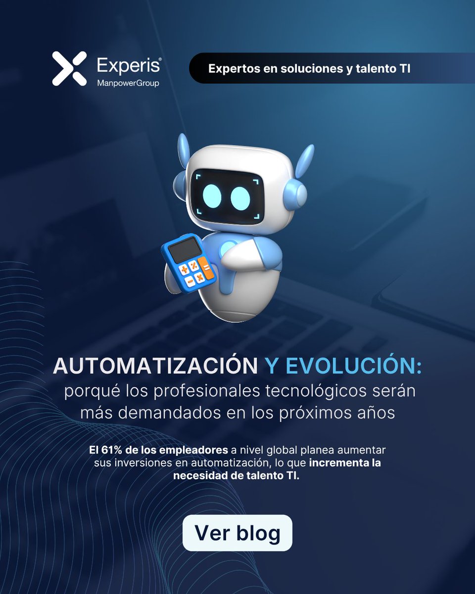 ExperisColombia's tweet photo. 💬🤖Más que reemplazar talento, la automatización está impulsando una transformación que aumenta la demanda de profesionales tecnológicos con nuevas capacidades. Ver blog 🔗https://t.co/Ypp0YT3lI0 https://t.co/Ag3AWWvCMs