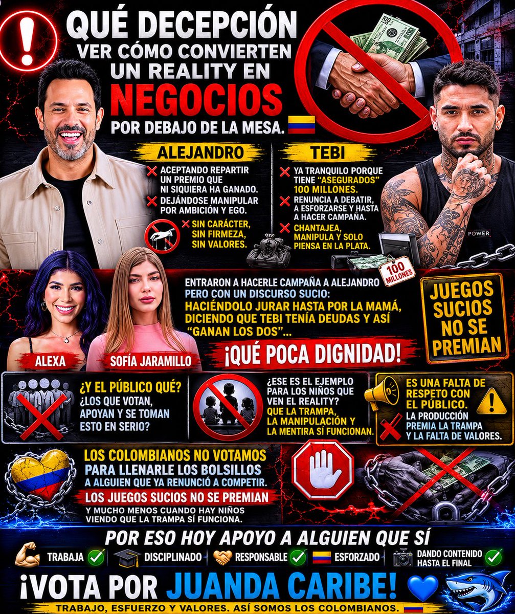 lopezstefanny80's tweet photo. Los colombianos no votamos para llenarle los bolsillos a alguien que ya renunció a competir. 🇨🇴

La trampa, la manipulación y la avaricia no se premian.
Por eso mi voto es para quien sí luchó hasta el final: Juanda Caribe. 🌊🦈💙
#LaCasaDeLosFamososCol3 #TTTY #TeamBlue https://t.co/APf43d6eaV