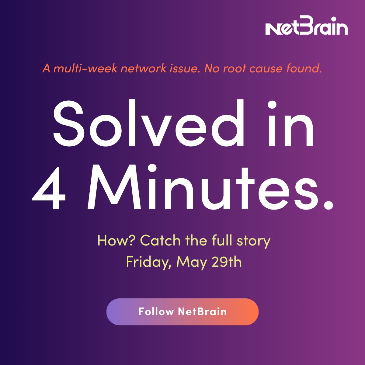 NetBrainTech's tweet photo. ⏱️ Four minutes to close a problem that had been open for weeks. 

One prompt. A system that actually reasons through the network. 

The future of network operations is already here. We make it official on Friday. 

#AgenticNetOps https://t.co/SpZaTgY4FK