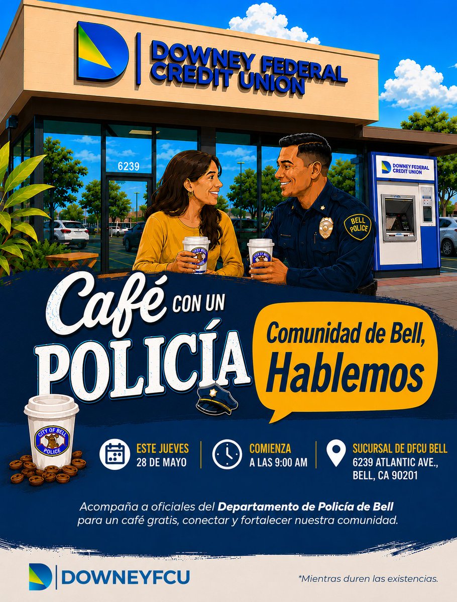 DowneyFCU's tweet photo. Café gratis. Conversaciones reales. ☕👮♂️
Acompáñanos mañana en Bell. ¿Preguntas financieras?
También estaremos aquí para ayudarte. 💚
Free coffee. Real conversations.
Join us tomorrow at our Bell Branch.
#CoffeeWithACop #BellCA @CityofBell @bellpolice https://t.co/R5epqeUY3J