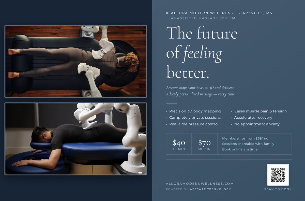 alloraMW's tweet photo. Aescape Massage is now officially open for booking at Allora. 🙌

The future of massage will arrive in Starkville next week — and now you can schedule your session online. 

Aescape uses AI-assisted 3D body mapping to deliver a personalized, consistent massage experience designed to help with tension, recovery, and relaxation.

✨ Now booking
✅ 30-minute sessions for $40
✅ 60-minute sessions available for $70
✅ Private, personalized, AI-assisted massage experience

Ready to try it for yourself?
Book online now or scan the QR code in this post to schedule your session.

📍 Allora Modern Wellness
821-C Hwy 12, Starkville, MS

📲 https://t.co/93sVMXxefw

#AlloraModernWellness #AescapeMassage #StarkvilleMS #NowBooking #MassageStarkville
@brianhadad @robbiefaulk1878 @GSDPartnership @HailState