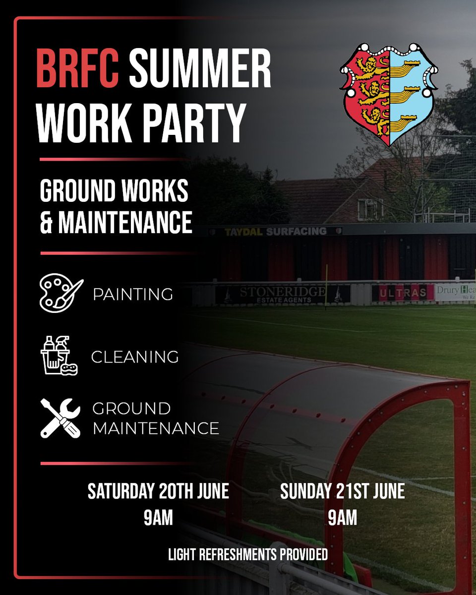 Brightlingseafc's tweet photo. We will be running our annual summer Works Party on the 20th and 21st June starting from 9AM.

We have a multitude of jobs and works that require doing around the ground from painting, cleaning the stands and general ground maintenance.

We are appealing to anyone who is willing to put a couple of hours (Or more!) in to helping the grounds staff get the stadium and pitch ready for the new season! Any help will be truly appreciated.

Light refreshments will be provided.

If you wish to find out more and put your name down please message Matty Hatch on 07748165174

#UpTheRs 🔴⚫️